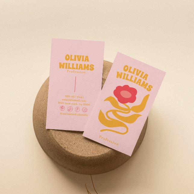 Retro Pink Orange Boho Groovy Floral Girly Trendy Visitkort (Skapare uppladdad)