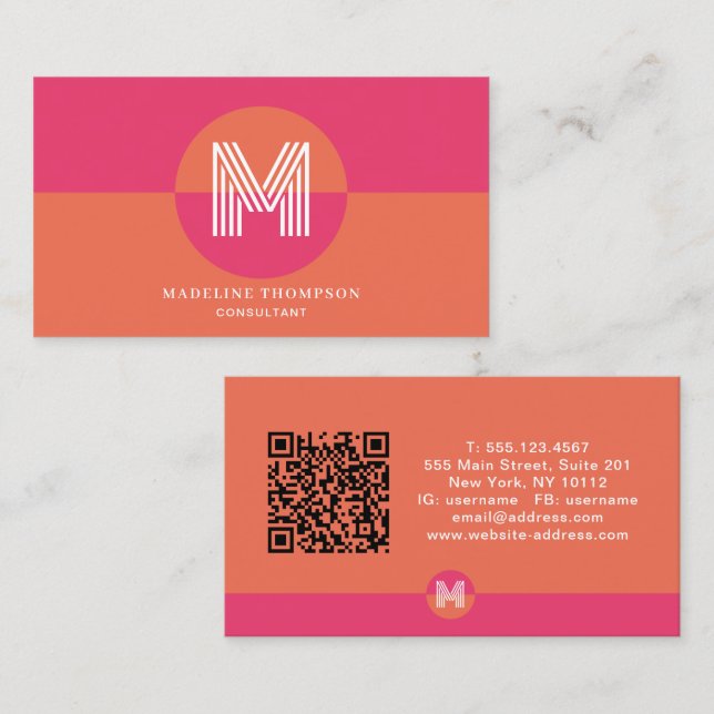 Retro Pink Orange Geometric Monogram QR Code Visitkort (Fram/baksida)