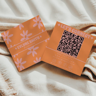 Retro Pink Orange QR Code Groovy Floral Girly Fyrkantigt Visitkort