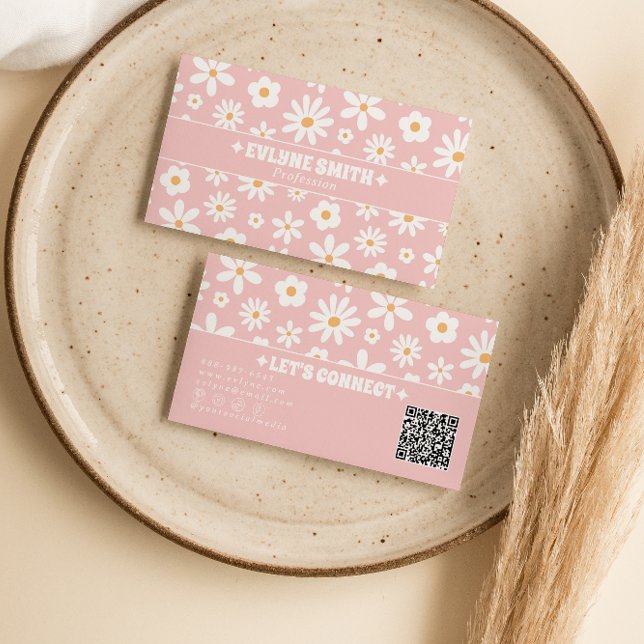 Retro Pink QR Code Groovy Floral Boho Girly Unique Visitkort (Skapare uppladdad)