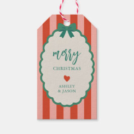Retro Pink, Red, and Green Striped Merry Christmas Presentetikett