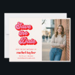 Retro Pink Red Bat Mitzvah Photo Spara Datumet<br><div class="desc">This retro pink and red Bat Mitzvah announcement features bold groovy lettering paired with a modern photo layout for your daughter’s portrait. The playful typography and bright color palette create a stylish and memorable way to share the upcoming celebration with family and friends. The back of the card features a...</div>