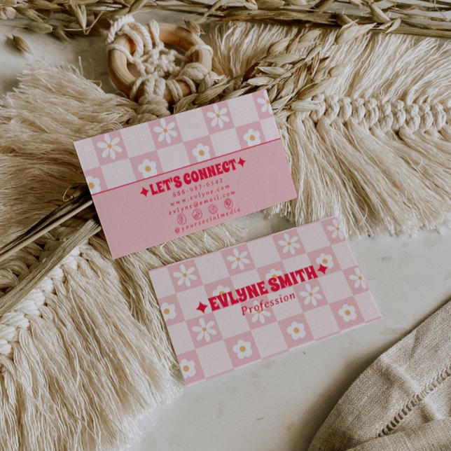 Retro Pink Red Checkered Groovy Floral Boho Trendy Visitkort (Skapare uppladdad)