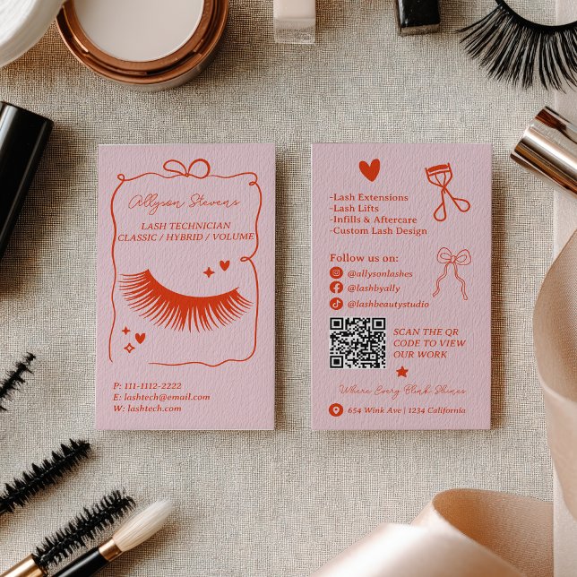 Retro Pink Red Doodles Lash Tech QR Code Visitkort (Retro Pink Red Doodles Lash Tech QR Code Business Card)