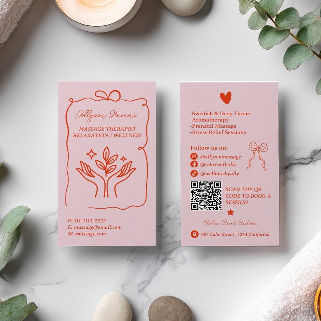Retro Pink Red Doodles Massage Therapist QR Code Visitkort (Retro Pink Red Doodles Massage Therapist QR Code Business Card)