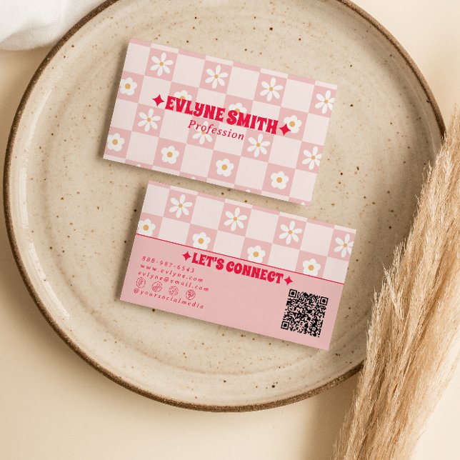 Retro Pink Red QR Code Checkered Groovy Floral  Visitkort (Skapare uppladdad)