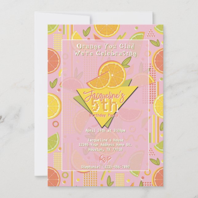 Retro Pink Summer Citrus Fruit Birthday Inbjudningar (Framsida)