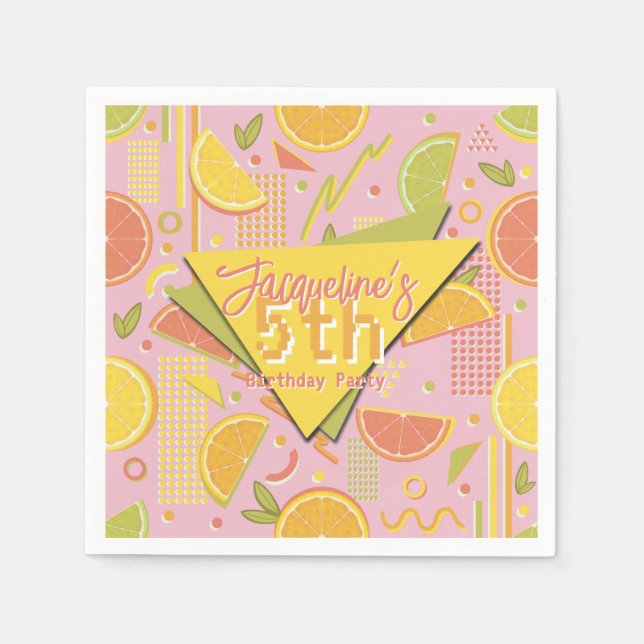 Retro Pink Summer Citrus Fruit Birthday Pappersservett (Framsidan)