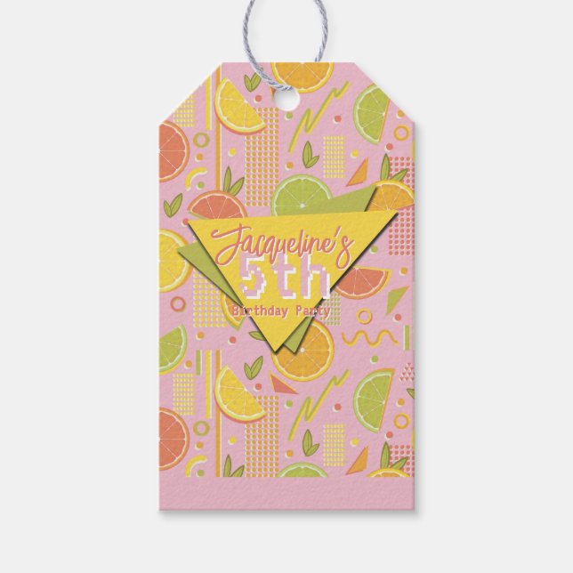 Retro Pink Summer Citrus Fruit Birthday Presentetikett (Framsidan)