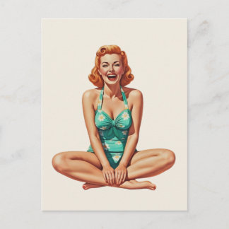 Retro PinUp 1950-tals tjej i blomsterbadkläder Vykort