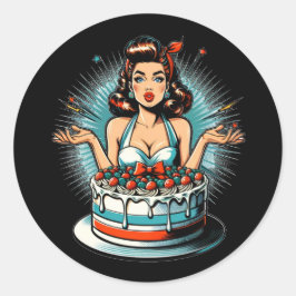 Retro Pinup Birthday Woman and Cake Runt Klistermärke
