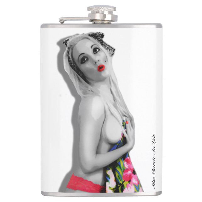 Retro Pinup Girl Hip Flask Cherrie Alt White Fickplunta (Framsidan)