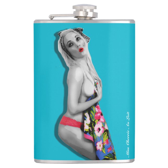 Retro Pinup Girl Hip Flask med miss Cherrie Teal Fickplunta (Framsidan)