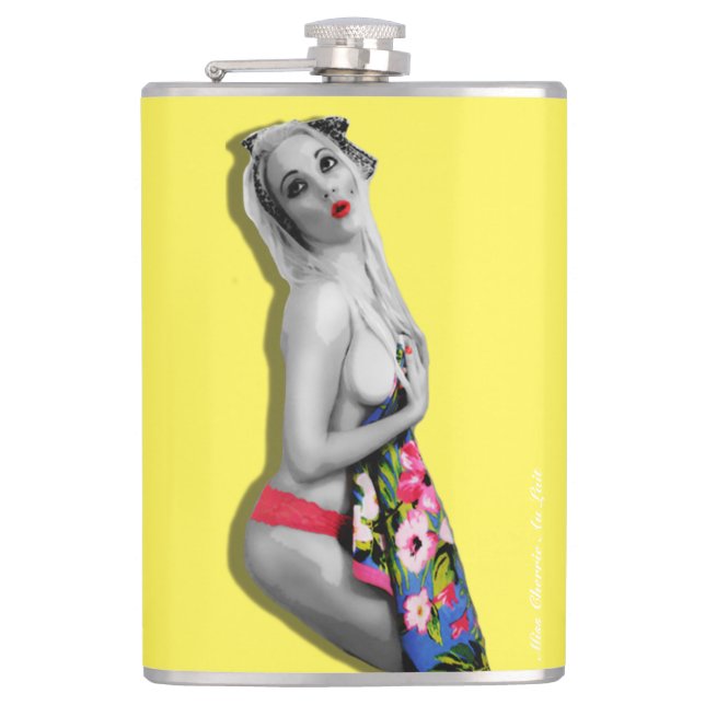 Retro Pinup Girl Hip Flask Miss Cherrie Gult Fickplunta (Framsidan)