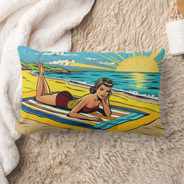 Retro Pinup Kvinna på Stranden Lumbarkudde (Filt)