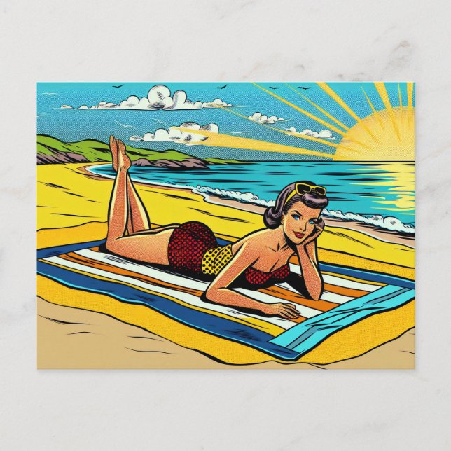 Retro Pinup Kvinna på Stranden Vykort (Framsida)