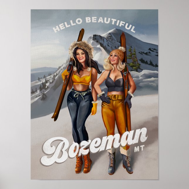 Retro Pinup Ski Art "Hej Bevackra Bozeman" Poster (Framsidan)