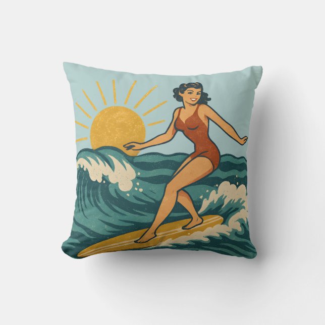 Retro Pinup Surfer Reversible Surfboard Print Kudde (Framsida)