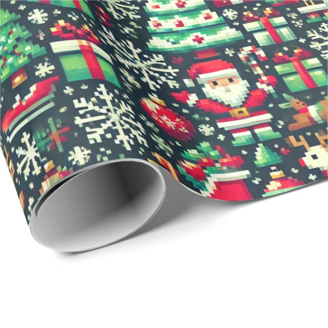Retro Pixel Art Christmas Wrapping Paper Presentpapper (Rullad Hörn)
