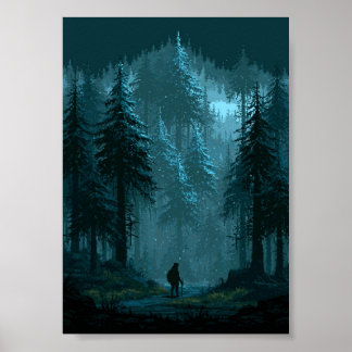 Retro Pixel Art Ensam Resenär i en Snöig  Poster