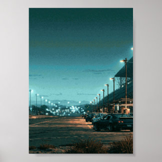 Retro Pixel Art JDM-bilar parkerade under lysande  Poster