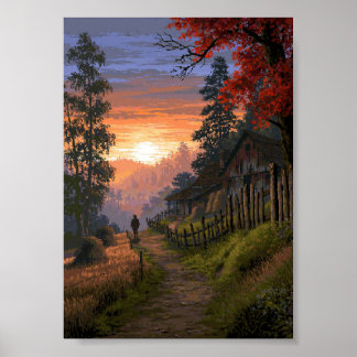 Retro Pixel Art Landsbygdsväg Längs Poster