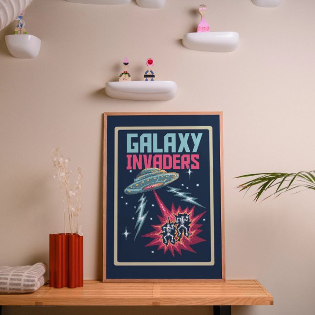 Retro Pixel Art Neon Pink and Teal Galaxy Invaders Poster (Skapare uppladdad)