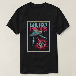 Retro Pixel Art Neon Pink and Teal Galaxy Invaders T Shirt