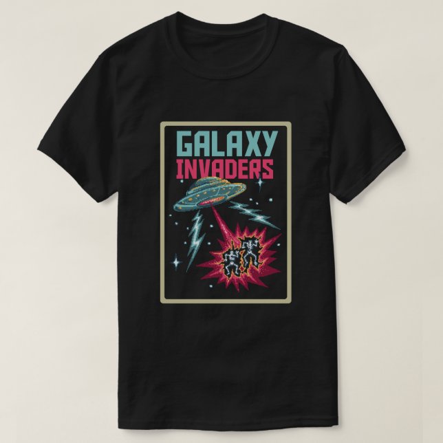 Retro Pixel Art Neon Pink and Teal Galaxy Invaders T Shirt (Design framsida)