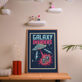Retro Pixel Art Neon Rosa och Turkos Galax Inkräkt Poster