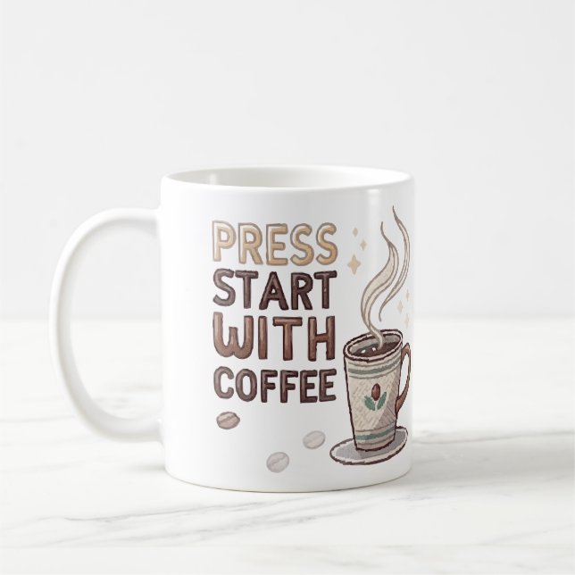 Retro Pixel Art "Press Start with Coffee Gamer Mu" Kaffemugg (Vänster)