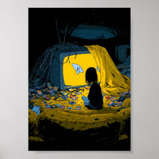 Retro Pixel Art Spelare Tittar på en Lysande Gul T Poster