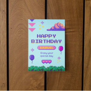 Retro Pixel Blue Lila Birthday B Day Inbjudningar