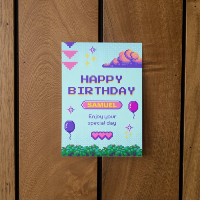 Retro Pixel Blue Lila Birthday B Day Inbjudningar (happy birthday gamer nerd digital card)