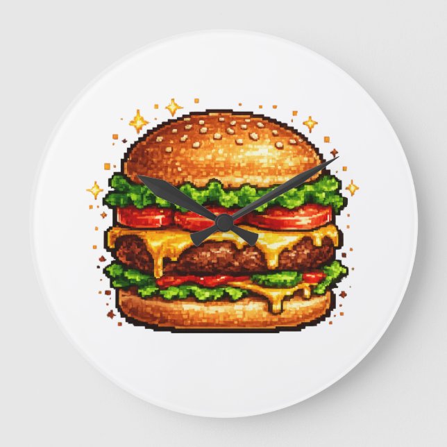 Retro Pixel Cheeseburger Clock Stor Klocka (Framsida)