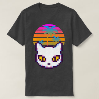Retro Pixel Kitty Cat Palm Trees Sunset T Shirt