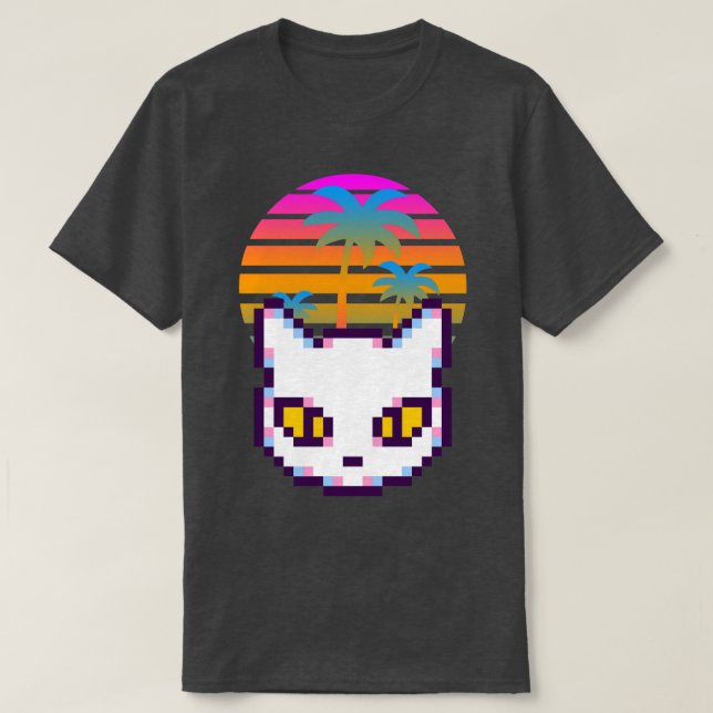 Retro Pixel Kitty Cat Palmer Träd Solnedgång T Shirt (Design framsida)