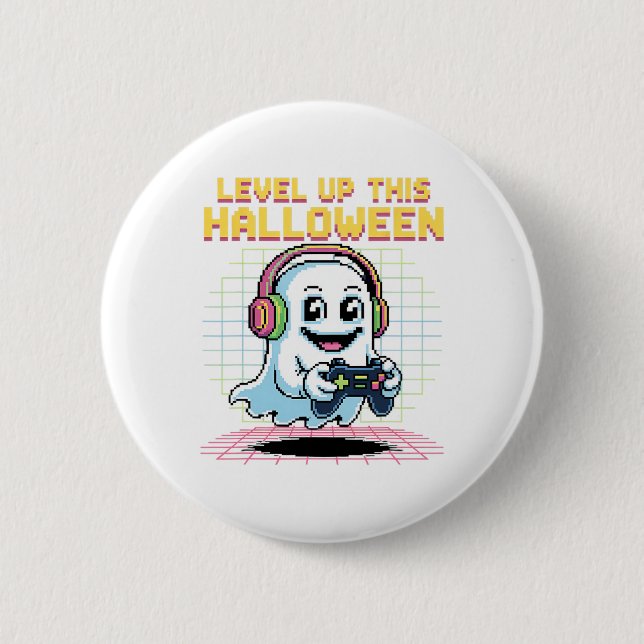 Retro Pixel Spök Gamer Halloween Söt Kuslig Gami Knapp (Framsida)