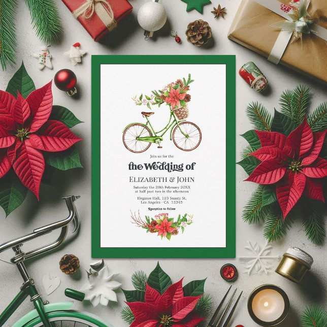 Retro Poinsettia Bicycle jul Bröllop Inbjudningar (Retro Poinsettia Bicycle Christmas Wedding Invitation)