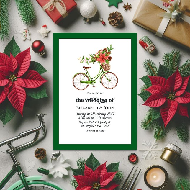 Retro Poinsettia Bicycle jul Bröllop Inbjudningar (Retro Poinsettia Bicycle Christmas Wedding Invitation)