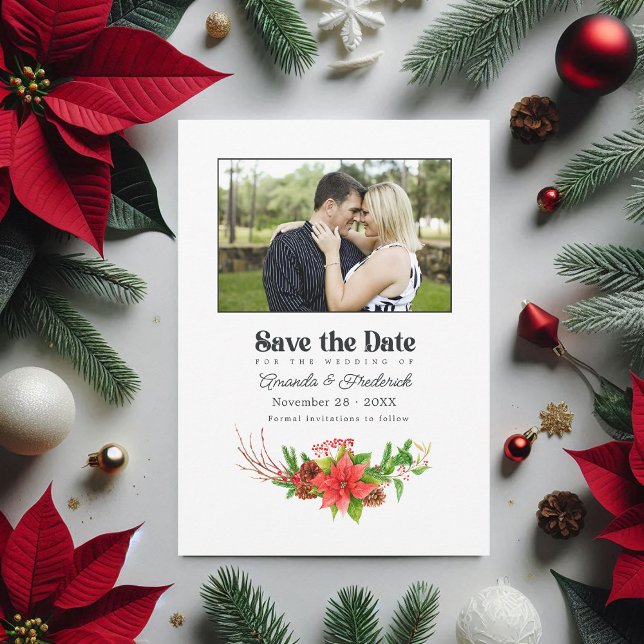 Retro Poinsettia Bicycle jul Bröllop QR-kod Spara Datumet (Retro Poinsettia Bicycle Christmas Wedding QR Code Save The Date)