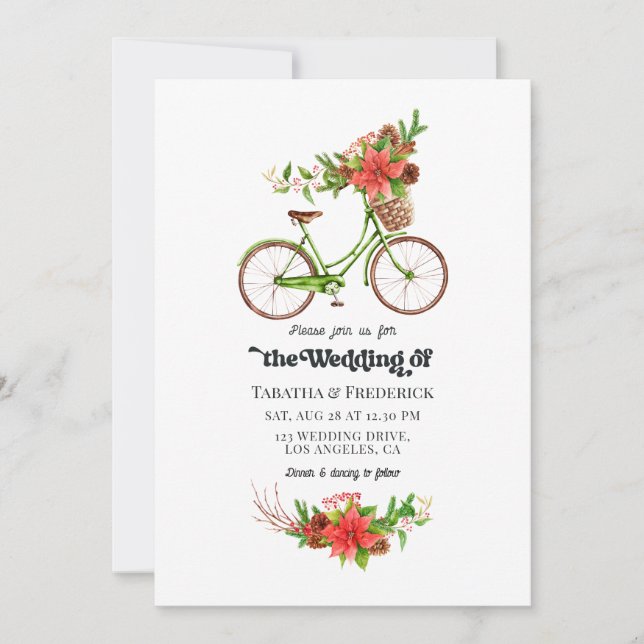 Retro Poinsettia Cykel Jul Höst Bryllop Inbjudningar (Framsida)