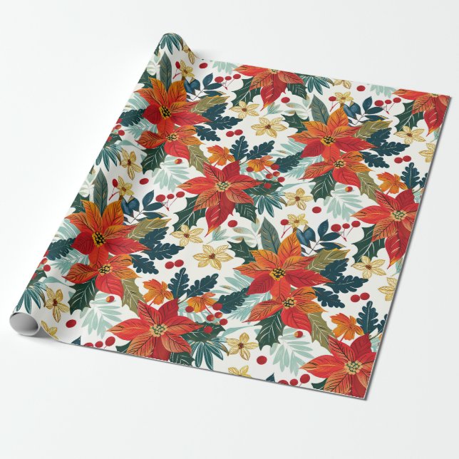 Retro Poinsettia Papper julafton Presentpapper (Utrullad)