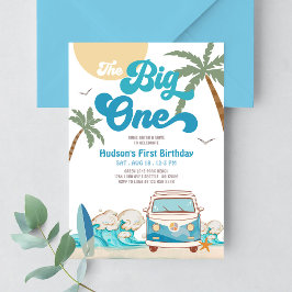 Retro pojke Big One Surfing 1-års födelsedagsfest Inbjudningar