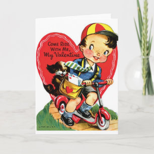 Retro pojke på sparkcykeln med valpvalentinen helgkort
