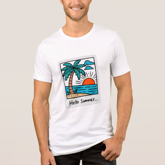 Retro Polaroid Hej sommar Tropisk strand solnedgån T Shirt (Framsida)
