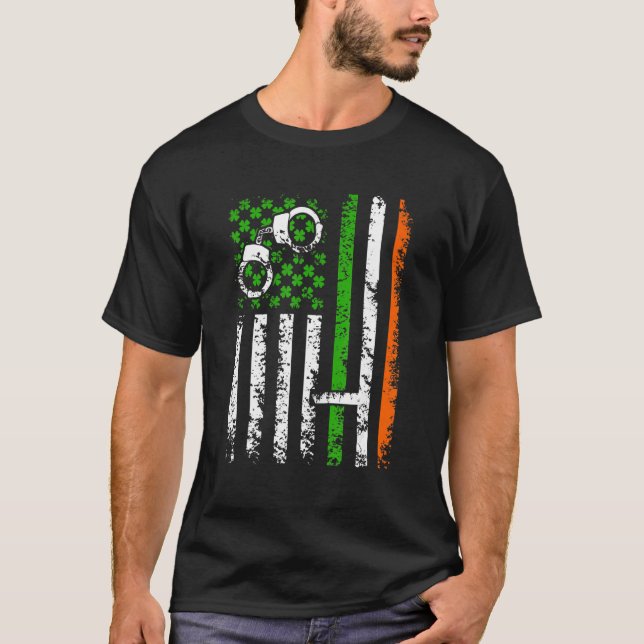 Retro Police US Flagga Shamrock St Patrick Day Cos T Shirt (Framsida)