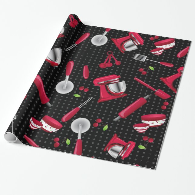 Retro Polka Dot Red Kitchen Gadget Presentpapper (Utrullad)