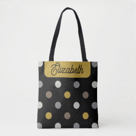 Retro Polka Dots Black Mustard Name Personalized Tygkasse