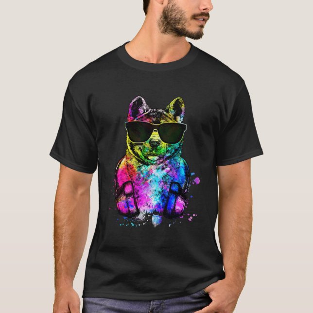 Retro Pop Akita Inu Dog Portrait with Headphones T Shirt (Framsida)